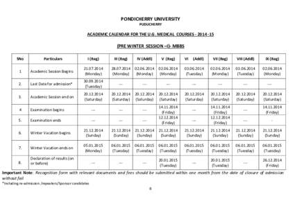 PONDICHERRY UNIVERSITY PUDUCHERRY ACADEMIC CALENDAR FOR THE U.G. MEDICAL COURSESPRE WINTER SESSION –I)- MBBS