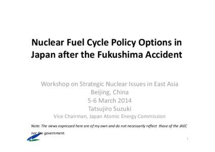 Nuclear Fuel Cycle Policy Options in  Japan after the Fukushima Accident Workshop on Strategic Nuclear Issues in East Asia Beijing, China 5‐6 March 2014 Tatsujiro Suzuki