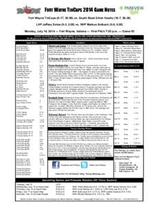 FORT WAYNE TINCAPS 2014 GAME NOTES Fort Wayne TinCaps (6-17, [removed]vs. South Bend Silver Hawks (16-7, [removed]LHP Jeffery Enloe (0-3, 2.08) vs. RHP Markus Solbach (0-0, 0.00) Monday, July 14, 2014 — Fort Wayne, Indiana