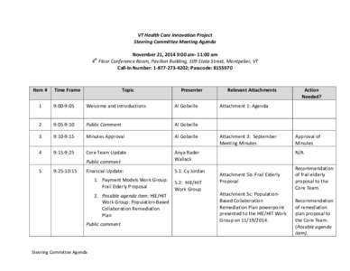 VT Health Care Innovation Project Steering Committee Meeting Agenda November 21, 2014 9:00 am- 11:00 am 4 Floor Conference Room, Pavilion Building, 109 State Street, Montpelier, VT Call-In Number: [removed]; Passcod