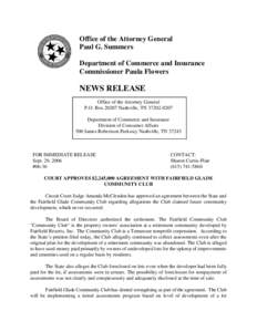 Office of the Attorney General Paul G. Summers Department of Commerce and Insurance Commissioner Paula Flowers  NEWS RELEASE