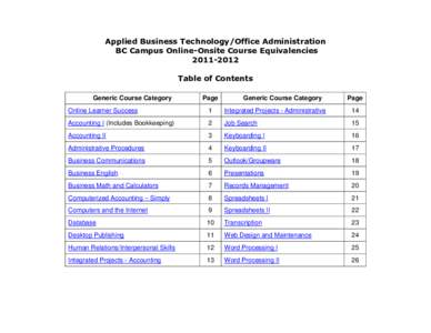 Applied Business Technology/Office Administration BC Campus Online-Onsite Course Equivalencies[removed]Table of Contents Generic Course Category