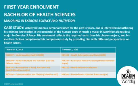 FIRST YEAR ENROLMENT BACHELOR OF HEALTH SCIENCES MAJORING IN EXERCISE SCIENCE AND NUTRITION CASE STUDY: Ashley has been a personal trainer for the past 3 years, and is interested in furthering