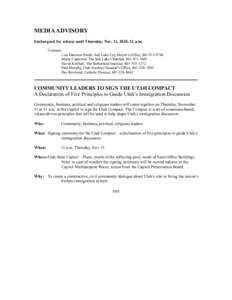 MEDIA ADVISORY Embargoed for release until Thursday, Nov. 11, 2010, 11 a.m. Contacts: Lisa Harrison Smith, Salt Lake City Mayor’s Office, [removed]Marty Carpenter, The Salt Lake Chamber, [removed]David Kimball,