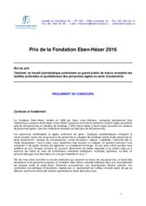 CHEMIN DE ROVÉRÉAZ 25 – CP 163 – 1000 LAUSANNE 12 – TÉLFAX – E-MAIL  – WWW.EBEN-HEZER.CH Prix de la Fondation Eben-HézerBut du prix