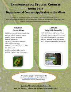 Environmental Studies Courses Spring 2016 Departmental Courses Applicable to the Minor Courses on this list may require prerequisites, especially courses within Group A. If you have not met the prerequisites, you will ne
