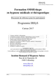 Formation SMSH/shyps en hypnose médicale et thérapeutique Document de référence pour les participants Programme IRHyS Cursus 2017