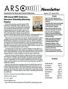Association For Recorded Sound Collections			  Newsletter 49th Annual ARSC Conference Newcomer Orientation/Mentoring