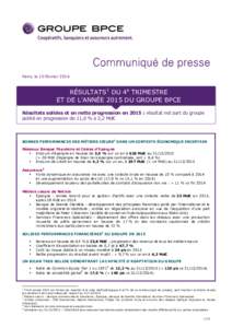 Communiqué de presse - RÉSULTATS DU 4e TRIMESTRE ET DE L’ANNÉE 2015 DU GROUPE BPCE