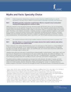 Myths and Facts: Specialty Choice MYTH:	Federal legislation designating graduate medical education (GME) funding for specific specialties is the best way to address concerns about a shortage of primary care physicians. 