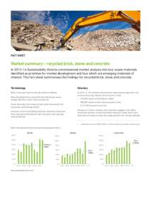 FACT SHEET  Market summary – recycled brick, stone and concrete In 2013–14 Sustainability Victoria commissioned market analysis into four waste materials identified as priorities for market development and four which