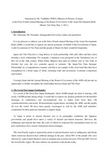 Statement by Mr. Yoshihiko NODA, Minister of Finance of Japan, at the Forty-Fourth Annual Meeting of the Board of Governors of the Asian Development Bank (Hanoi, Viet Nam, May 5, [removed]Introduction Mr. Chairman, Mr. P