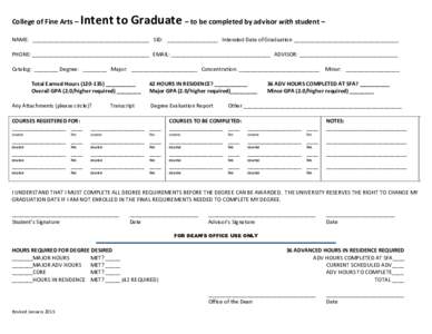 College of Fine Arts –  Intent to Graduate – to be completed by advisor with student – NAME: _______________________________________ SID: _________________ Intended Date of Graduation ______________________________