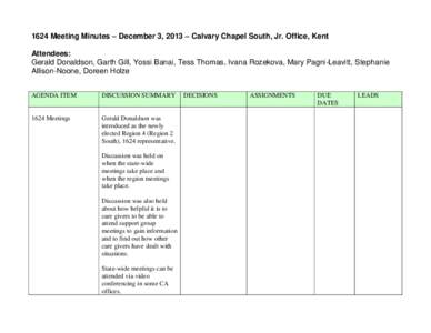 1624 Meeting Minutes – December 3, 2013 – Calvary Chapel South, Jr. Office, Kent Attendees: Gerald Donaldson, Garth Gill, Yossi Banai, Tess Thomas, Ivana Rozekova, Mary Pagni-Leavitt, Stephanie Allison-Noone, Doreen 