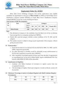 Bihar State Power (Holding) Company Ltd., Patna (Regd. Off.-Vidyut Bhawan, Bailey Road, Patna) Employment Notice NoBihar State Power (Holding) Company Ltd. invites applications from eligible candidates for app