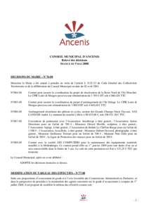 CONSEIL MUNICIPAL D’ANCENIS Relevé des décisions SEANCE DU 5 MAI 2008 DECISIONS DU MAIRE – N°76-08 Monsieur le Maire a été amené à prendre en vertu de l’article Ldu Code Général des Collectivités