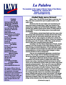 La Palabra The newsletter of the League of Women Voters of New Mexico Volume 60, No. 1 Summer 2012 Website: www.lwvnm.org email: [removed]
