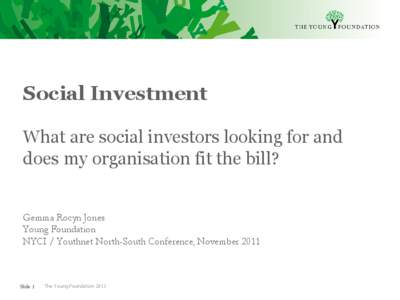 Social Investment What are social investors looking for and does my organisation fit the bill? Gemma Rocyn Jones Young Foundation NYCI / Youthnet North-South Conference, November 2011