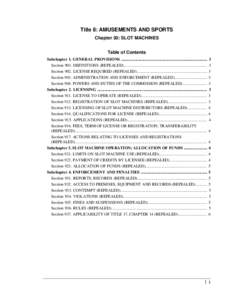 Title 8: AMUSEMENTS AND SPORTS Chapter 30: SLOT MACHINES Table of Contents Subchapter 1. GENERAL PROVISIONS .................................................................................... 3 Section 901. DEFINITIONS 