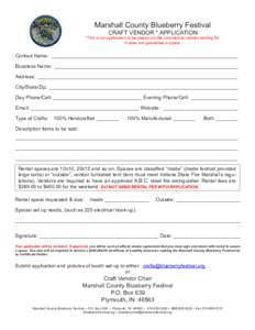 Marshall County Blueberry Festival CRAFT VENDOR * APPLICATION *This is an application to be placed on the commercial vendor waiting list. It does not guarantee a space.