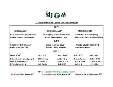 2018 SJGA Women’s Team Matches Schedule CUP I ​ Tuesday, 7/17​th Blue Heron Pines at Greate Bay Harbor Pines at Indian Spring