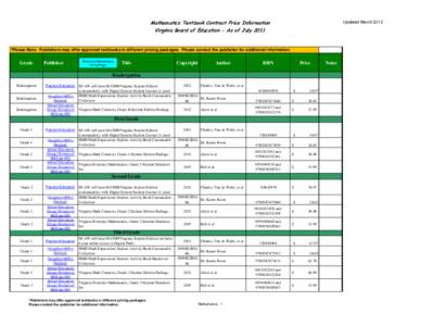 Mathematics Textbook Contract Price Information Virginia Board of Education - As of July 2011 Updated March 2012  *Please Note: Publishers may offer approved textbooks in different pricing packages. Please contact the pu