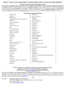 THE 58TH ANNUAL NEW YORK EMMY® AWARD NOMINATIONS ANNOUNCED THIS MORNING! MSG Network Gets the Most Nominations with 62 New York, NY – Wednesday, February 11, 2015. The 58 th Annual New York Emmy® Award nominations to