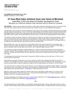 FOR IMMEDIATE RELEASE: May 8, 2014 Contact: Jeff Morgan, [removed]Iowa Blue baby chickens have new home at Montauk Iowa Blue is the only breed of chicken developed in Iowa