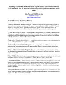 Funding Availability for Partners in Sage Grouse Conservation Efforts (This document will be changed as new or different information becomes available) U.S. Fish and Wildlife Service http://grants.fws.gov/ http://Partner