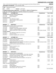 SCIENCES DE LA NATURE Note : La 3e colonne de la pondération ne concerne que le programme de Soins Infirmiers (180.A0[removed]B0 Approbation ministérielle : le 26 novembre 1998 ; Titre : Sciences de la nature No :