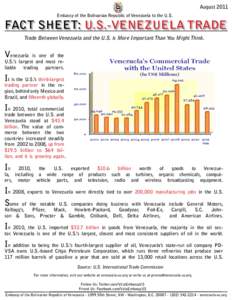 August 2011 Embassy of the Bolivarian Republic of Venezuela to the U.S. FACT SHEET: U.S.-VENEZUELA TRADE Trade Between Venezuela and the U.S. is More Important Than You Might Think.