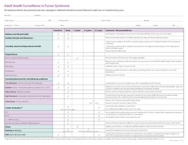 Adult Health Surveillance in Turner Syndrome All medical problems that presented and were managed in childhood should be actively followed in adult care. At transition know your: Karyotype ____________________________ Su