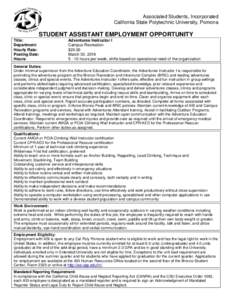 Job Posting for Campus Rec Adventures Instructor, Student