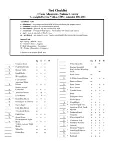 Bird Checklist Crane Meadows Nature Center As compiled by Eric Volden, CMNC naturalist[removed]Abundance Code a – abundant - very numerous in suitable habitat and during the proper season. c – common - certain to b