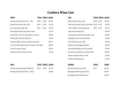 Cottiers Wine List White 175ml 250ml Bottle  Red