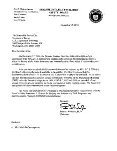December 17, 2010 Letter, Chairman Peter S. Winokur to the Honorable Steven Chu, Secretary of Energy, re: Board unanimously approved Recommendation[removed],
