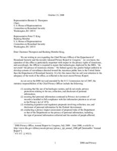 October 23, 2009 Representative Bennie G. Thompson Chair, U.S. House of Representatives Committee on Homeland Security Washington, DC 20515