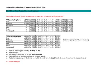 Zomerdienstregeling van 17 april t/m 30 september 2015 Lijn 120 van West-Terschelling naar Oosterend Omdat we afhankelijk zijn van de aankomst van de boten, kan de bus vertraging hebben. W-Terschelling haven Hee