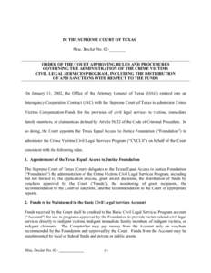 ORDER OF THE COURT APPROVING RULES AND PROCEDURES GOVERNING THE ADMINISTRATION OF THE CRIME VICTIMS COMPENSATION PROGRAM, I...