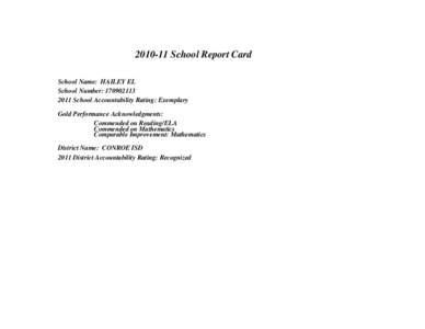 [removed]School Report Card School Name: HAILEY EL School Number: [removed]School Accountability Rating: Exemplary Gold Performance Acknowledgments: Commended on Reading/ELA