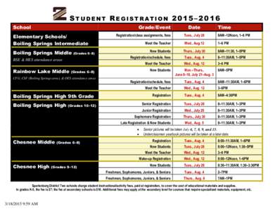 STUDENT REGISTRATION 2015–2016 School Grade/Event  Elementary Schools/