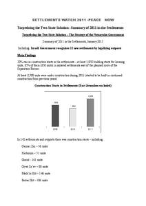 SETTLEMENTS WATCH[removed]PEACE  NOW Torpedoing the Two State Solution: Summary of 2011 in the Settlements Torpedoing the Two State Solution – The Strategy of the Netanyahu Government