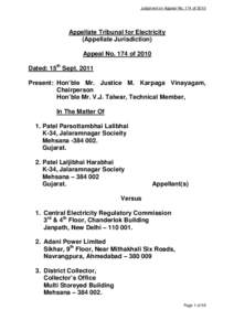 Judgment on Appeal No. 174 of[removed]Appellate Tribunal for Electricity (Appellate Jurisdiction) Appeal No. 174 of 2010 Dated: 15th Sept. 2011