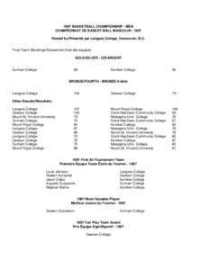 1997 BASKETBALL CHAMPIONSHIP - MEN CHAMPIONNAT DE BASKET-BALL MASCULIN[removed]Hosted by/Présenté par Langara College, Vancouver, B.C. Final Team Standings/Classement final des équipes: GOLD/SILVER - OR/ARGENT