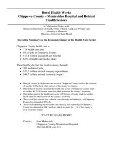 Rural Health Works Chippewa County – Montevideo Hospital and Related Health Sectors A Collaborative Project with: Minnesota Department of Health, Office of Rural Health and Primary Care University of Minnesota