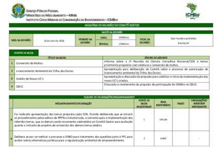 SERVIÇO PÚBLICO FEDERAL MINISTÉRIO DO MEIO AMBIENTE – MMA INSTITUTO CHICO MENDES DE CONSERVAÇÃO DA BIODIVERSIDADE – ICMBIO MEMÓRIA DE REUNIÃO DO COMITÊ GESTOR DADOS DA REUNIÃO DATA DA REUNIÃO: