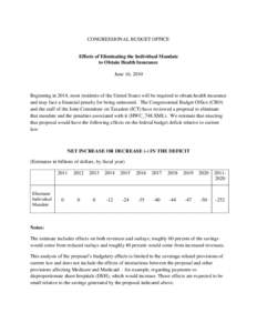 CONGRESSIONAL BUDGET OFFICE  Effects of Eliminating the Individual Mandate to Obtain Health Insurance June 16, 2010