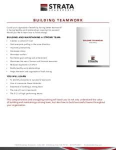 BUILDING TEAMWORK Could your organization benefit by having better teamwork? Is having healthy work relationships important to success? Would you like to learn how to finish strong?  BUILDING AND MAINTAINING A STRONG TEA