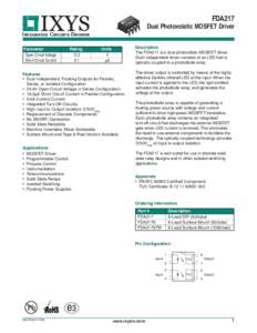 FDA217 Dual Photovolatic MOSFET Driver INTEGRATED CIRCUITS DIVISION Parameter Open Circuit Voltage Short Circuit Current