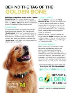 Behind the Tag of the  Golden Bone Behind every Golden Bone Tag you will find a rescued Golden Retriever. Old? Injured? Abused? Unloved? Abandoned? Rescue a Golden of Arizona (RAGofAZ)